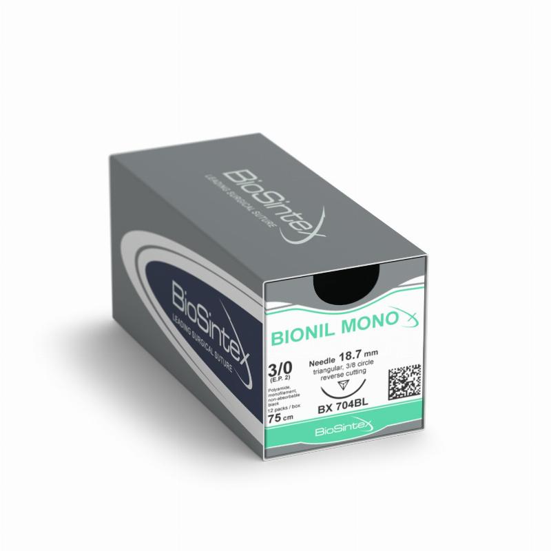 BIONIL MONOx,Поліамід(нейлон6.6), USP 3/0(M2), 90см, колюча голка від 26-26,2мм, 1/2 кола